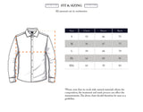 BGenrico Hang Shirt - Navy Check by Blue de Gênes sizing chart with illustration: available in sizes S to XXL, featuring chest measurements of 53–65 cm, sleeve lengths of 66–70 cm, and back lengths of 75–81 cm. The diagram highlights measurement points for the chest, sleeve, and back on this check shirt with a classic collar. Please note: as this shirt is crafted from 100% cotton, slight variations may occur due to the natural material.