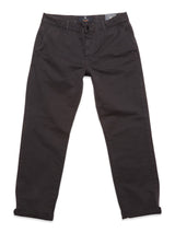 The Franco Genes Chino in charcoal from Blue de Gênes is showcased flat, featuring a straight-leg design in Saia twill. It includes a button and zipper closure, belt loops, and side pockets. The garment-dyed fabric offers a smooth, slightly tailored look.