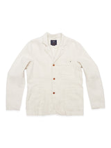 The Gabbiano Winnot Blazer - Natural by Blue de Gênes features a relaxed white cotton linen design with a notched lapel, three front pockets, and brown buttons on a plain white background.