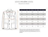 Diagram of the Gabbiano Winnot Blazer - Natural in herringbone by Blue de Gênes with size chart (cm) for sizes 46-58, detailing chest, sleeve, back, shoulder measurements. Note: natural material variations may affect fit. Title: Fit & Sizing.