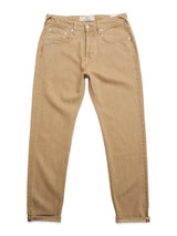 A pair of BGgiacomo Color Jeans - Tanin by Blue de Gênes, in light brown, straight-leg relaxed loose fit with front and back pockets, belt loops, button and zipper fly, made from sturdy rigid denim shown on a white background.