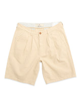 The Blue de Gênes BGcopple Rodas Shorts in pale khaki feature a casual fit, pleat front, button and zip closure, side pockets, and belt loops, shown laid flat on a white background.