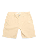 Blue de Gênes BGmenzino Vecchio Shorts in pale khaki cotton, featuring front pockets, button closure, and belt loops. Displayed flat against a white background.
