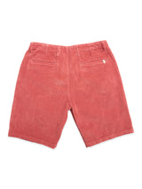 Back view of Blue de Gênes BGfloyd Cord Shorts in coral, with belt loops, two back welt pockets, a small right pocket tag, and a loose-fit cotton design for comfortable casual style.