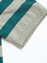 Close-up of the sleeve of the BGwally Stripe Polo in Shadow Green by Blue de Gênes, showcasing wide horizontal teal and light gray stripes against a white background.
