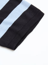 Close-up of Blue de Gênes BGwally Stripe Polo - Dark Navy fabric, featuring black and light blue horizontal stripes with a neat seam on a white background.