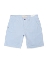 BGmenzino Vecchio Shorts by Blue de Gênes in Blue Fog, featuring lightweight cotton, front pockets, button and zip closure, and a sewn-on waistband label, shown laid flat on a white background.