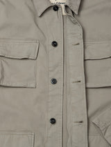 Close-up of the BGhunter Vecchio Jacket in Shadow Green by Blue de Gênes, featuring black buttons, large flap chest pockets, and visible stitching—a modern update inspired by classic Blue de Gênes craftsmanship.