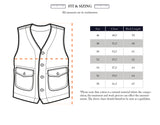 Illustration of the Ludovico Tarlo Gilet - Navy by Blue de Gênes shows a navy cotton V-neck gilet with button closure and two front pockets made from chambray fabric. A table lists sizes 46-58 with chest and back lengths in cm, noting cotton variability.