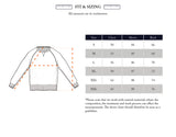 The fit and sizing guide for the Blue de Gênes Marlon Knit - Prune features a Merino wool sweater diagram with labeled measurements: Chest, Sleeve, and Back. The size chart provides dimensions in cm for sizes S to XXL, noting variations from natural material use and a reverse knit pattern.