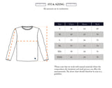 The Monte Knit - Navy by Blue de Gênes features a crewneck jumper size chart (S to XXXL) with measurements of chest, sleeve, and back in centimeters. Made from a cotton/linen blend, natural variations are noted.