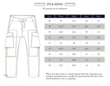 Diagram of Blue de Gênes Mustang Cargo Pant - Navy includes a sizing chart with waist, thigh, knee, and hem measurements in cm for sizes 28 to 38. Note: Parachute cottons natural variations may affect sizing. Features highlighted utility pockets for added convenience.