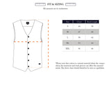 Illustration of the Zorba Knit Waistcoat - Navy by Blue de GĂȘnes, showing sizing lines. Chart lists sizes S to XXL with chest and back length in cm. Note mentions measurement variability due to cotton composition and Corozo nut buttons.