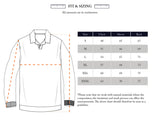 A size chart for the Blue de Gênes Otia L/S Polo Knit - Navy shows a line drawing with chest, sleeve, and back measurements, plus a size table (S–XXXL in cm)—making it easy to find your perfect fit.