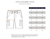 Illustration of Paulino Cargo Shorts - Navy by Blue de Gênes showcasing utility pockets and a fit chart with waist and thigh measurements in cm for sizes 28 to 38. Note: Expect variations due to natural materials and treatment, aligned with military cotton standards.