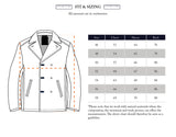 The Peacoat - Dark Navy by Blue de Gênes is a classic design made from luxurious Melton wool with branded buffalo horn buttons. A size chart provides chest, sleeve, and back measurements in cm for sizes 46-58. Note: natural materials may cause slight measurement variations.
