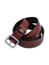 The Pento Belt - Brown by Blue de Gênes, made from full grain bull leather with a zigzag pattern and silver rectangular buckle, is coiled on a white surface. Size: L / 95 cm.