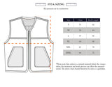 Technical illustration of the Blue de Gênes Saga Shearling Gilet - Scarab shows measurement guidelines and a sizing chart (chest and back length in cm, S–XXXL), plus a note about German Merino sheepskin’s natural material variation.