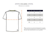 The Blue de Gênes Salty Logo T-Shirt in Green Bay is depicted with a cotton-jersey illustration and measurement guide. The size chart displays S to XXL dimensions (chest and length in cm), noting slight sizing variations due to natural materials. Subtle chest embroidery enhances its style.