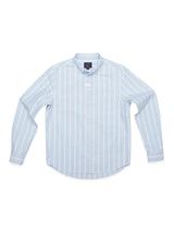 The Sandro Caicos Shirt by Blue de Gênes is crafted from 6oz fine stripe fabric by Somelos in Portugal, featuring light blue and white vertical stripes, long sleeves, a front pocket, and a classic collar on a pristine white background.