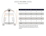 The Blue de Gênes Rufo Shearling Jacket - Scarab fit chart shows how to measure chest, sleeve, back, and shoulders in cm for sizes S–XXXL, with a jacket illustration for guidance. Suitable for bomber-style jackets.