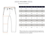 Size chart for Shogun Fano Pant - Denim Blue by Blue de GĂȘnes. Includes illustration of waist, thigh, knee, and hem measurement points (sizes 28â36 cm). Perfect reference for choosing your ideal relaxed fit chino.