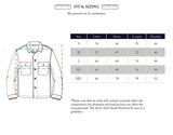 A size chart and line drawing of the Blue de Gênes BGbarnaba Iro Overshirt in Beech Green, detailing chest, sleeve, length, and shoulder measurements in centimeters for sizes S to XXL.