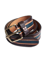 The Tino Belt - Brown Stripe by Blue de Gênes is a handmade Italian brown leather belt with a brass buckle, featuring decorative blue, orange, and camel stripes. Made from full grain leather, it includes a small emblem on the belt loop.