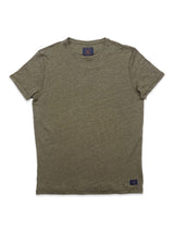 The Totti T-Shirt in Army from Blue de Gênes is shown on a flat surface. This short-sleeve crewneck features a round neckline and a small tag on the lower left hem. Crafted from 100% Linen Jersey, it boasts a natural texture that enhances its simple elegance.