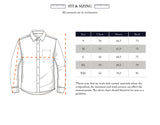 The Zamboni Quadro Shirt - Navy Check by Blue de Gênes has a sizing chart for S to XXL, detailing chest, sleeve, and back in cm. An illustration highlights these areas. Note: measurement variability may occur due to the winter cotton-linen blend or yarn-dye check pattern.