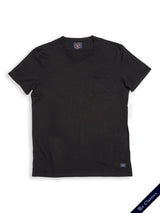 The Sagi Nuovo T-shirt by Blue de Gênes is a black premium cotton tee with a crew neck, chest pocket, and regular fit. The Classics text and logo tag embellish the bottom right.