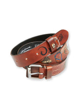 Introducing the Da Vinci Belt 4 cm - Brown by Blue de Gênes: a premium leather accessory adorned with colorful abstract patterns, intricate cross-stitching, and embossed Leonardo Da Vinci details. It features a silver buckle for an artistic flair.