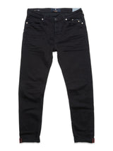 The Repi 3325 Black Jeans by Blue de Gênes feature a slim fit in durable black denim, with front and back pockets, belt loops, and a button closure, shown laid flat on a white background.