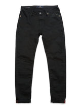 The Repi Stay Black Jeans by Blue de Gênes are sleek black slim-fit jeans in comfort stretch denim. They feature a button closure, visible stitching, front and back pockets, and a simple hem, showcased against a white background.