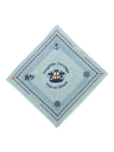 A soft cotton, ornate blue Bandana - Celeste by Blue de Gênes features a central crest with Progetto Heritage Blue de Gênes, surrounded by compasses and stars in navy and gold, making it a true fashion statement.