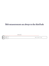 A vintage-style illustration of the Cintura Belt - Black from Blue de Gênes shows a red line marking measurements to the third hole, with text above stating, Belt measurements are always to the third hole.