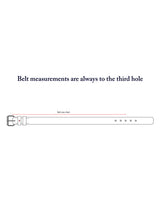 Illustration of the Blue de Gênes Da Vinci Belt 4 cm - Brown with text, Belt measurements are to the third hole. Features a premium leather belt placed horizontally, buckle on left, arrow with Belt size chart pointing from buckle to the third hole.