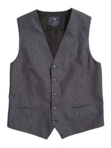 Presenting the Canna Pallone Gillet by Blue de Gênes—a navy striped vest crafted from premium cotton linen. It features a deep V-neck, five sleek buttons, two small front pockets, dark fabric lining, and a stylish label at the top inside.