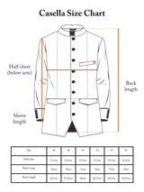 The Blue de Gênes Casella Officers Blazer size chart offers a detailed guide for this vintage parade uniform-inspired blazer in Dark Navy, including half chest, back length, and sleeve length measurements. Sizes 46 to 56 are precisely listed with dimensions in centimeters.