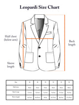 Illustration of a size chart for the Leopardi Carbonio Blazer - Black by Blue de Gênes, featuring Italian brushed cotton. Displays half chest (below arm), back length, and sleeve length measurements in cm for sizes 46 to 60. Ideal for your tailored blazer needs.