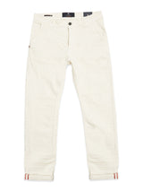 The Paulo Pavia 1 Chino in Ecru by Blue de Gênes is a straight-fit cotton stretch chino with button and zip closure, belt loops, and subtly rolled cuffs revealing red and white striped detailing for a modern flair.