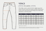 Illustration of Vinci 3325 Black Jeans by Blue de Gênes showcases front and back views, expertly crafted in Italy. It features five pockets, printed lining, Italian flag embroidery on the back pocket, and includes a fit chart with waist sizes and measurements.