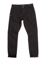 The Blue de Gênes Teo Chino in Jet Black features side pockets, a button and zipper closure, and slightly tapered legs, shown laid flat on a white background.
