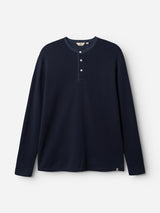 The Blue de Gênes BGgreg L/S Grandad in Dark Navy is a regular-fit cotton henley with a round collar and three white corozo nut buttons, shown against a plain white background.