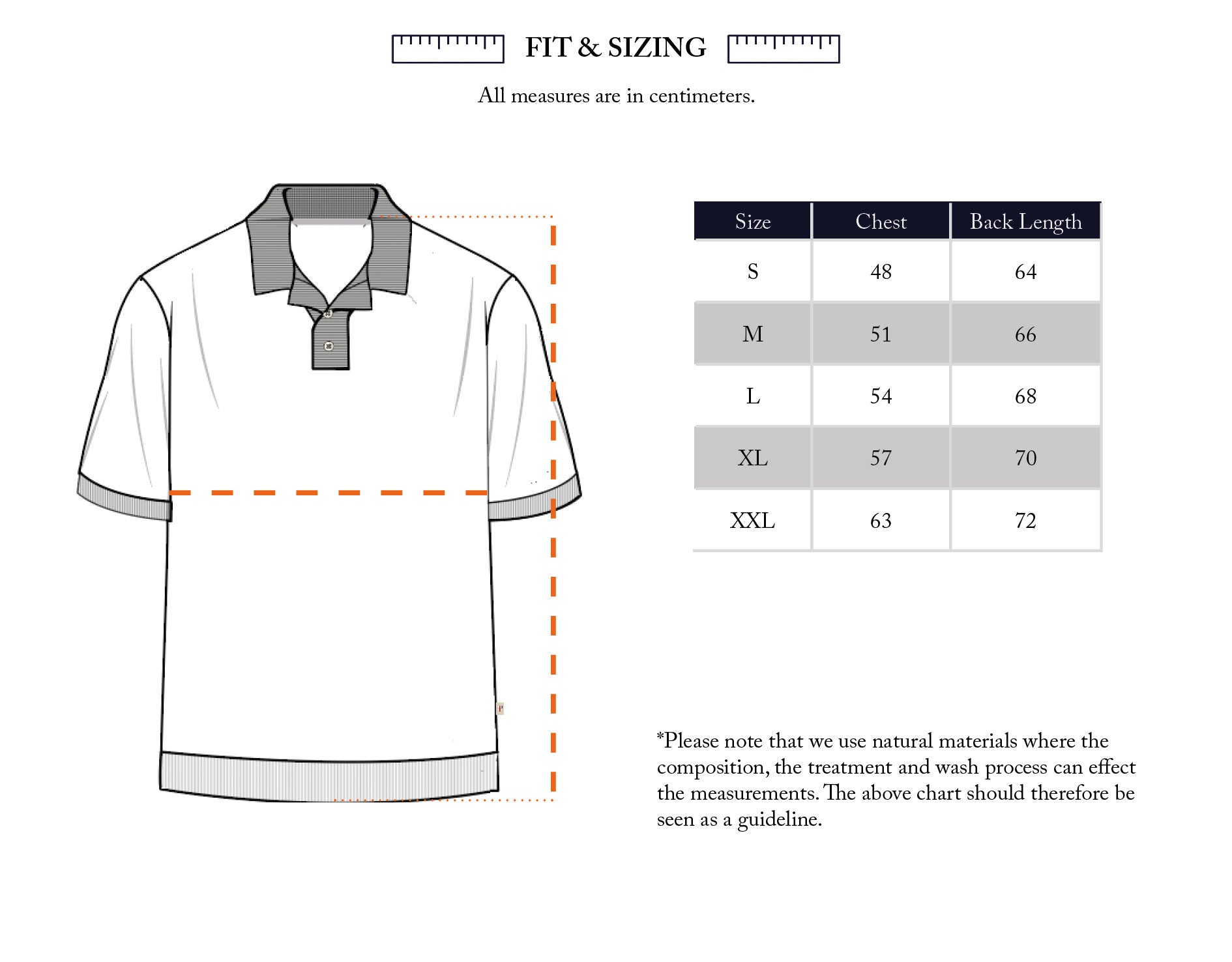 Illustration of the BGbob Knit Polo - Sunflower by Blue de Gênes with a size chart (S-XXL) showing chest and back length in cm. Note: chart is a guideline as natural materials may cause slight size variations.
