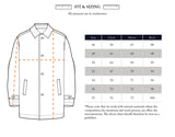 Diagram of the Blue de Gênes Massone Check Coat - Multi Check, with lines marking measurement points. A chart lists coat sizes, chest, sleeve, and back lengths (cm). Note: measurements may vary due to natural materials.