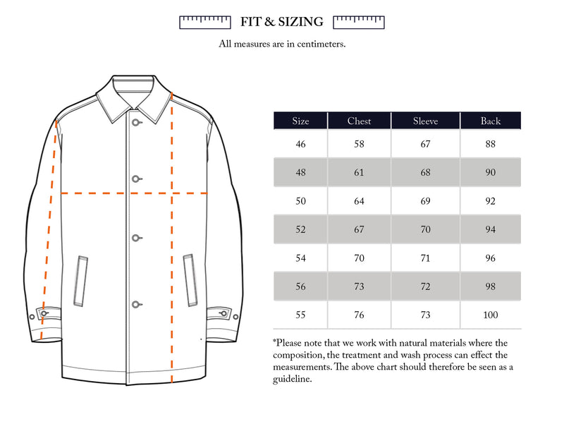 Diagram of the Blue de Gênes Massone Check Coat - Multi Check, with lines marking measurement points. A chart lists coat sizes, chest, sleeve, and back lengths (cm). Note: measurements may vary due to natural materials.