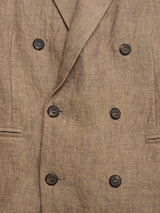 Close-up of the BGcricket Lin Blazer - Grey Mel by Blue de Gênes, featuring a double-breasted design with six dark buttons and two horizontal slit pockets, highlighting the textured linen hemp fabric.
