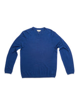 The Blue de Gênes BGmonty Knit in Navy Peony is a long-sleeve crewneck jumper, laid flat on a white background, crafted from a soft cotton-linen blend and finished with a subtle roll-rib hem.