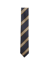 The BGponsy Tie - Dark Navy by Blue de Gênes, a classic silk tie in rich navy blue with diagonal yellow and white stripes, is displayed against a plain white background.